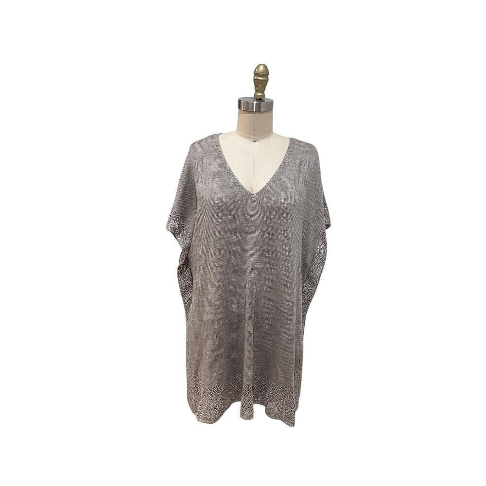 Eileen Fisher Sweater Womens PM Taupe 100% Linen Crochet Hem V Neck Tunic